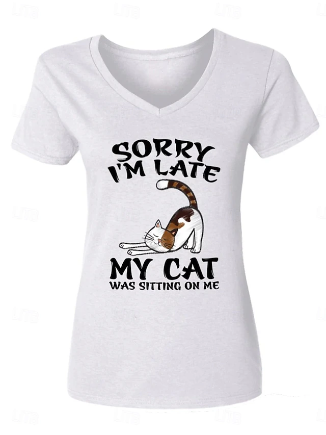 Women's T Shirt Casual Cat Letter Print Short Sleeve Regular Tops V Neck Daily Light Grey Summer I Am Fine4