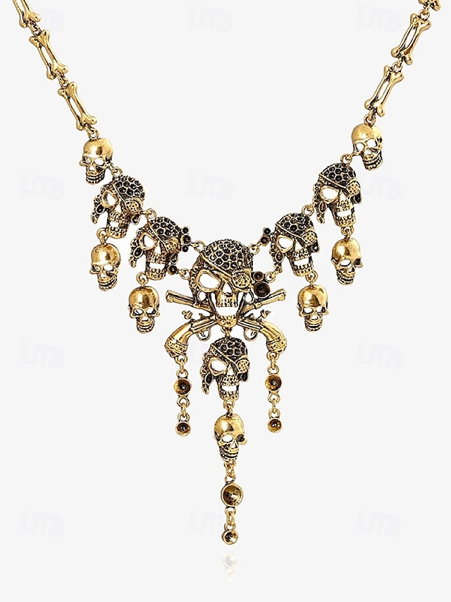  Women's Vintage Gold Skull Pendant Necklace with Rhinestone Detailing - Gothic Pirate Style Statement Jewelry for Halloween and Cosplay