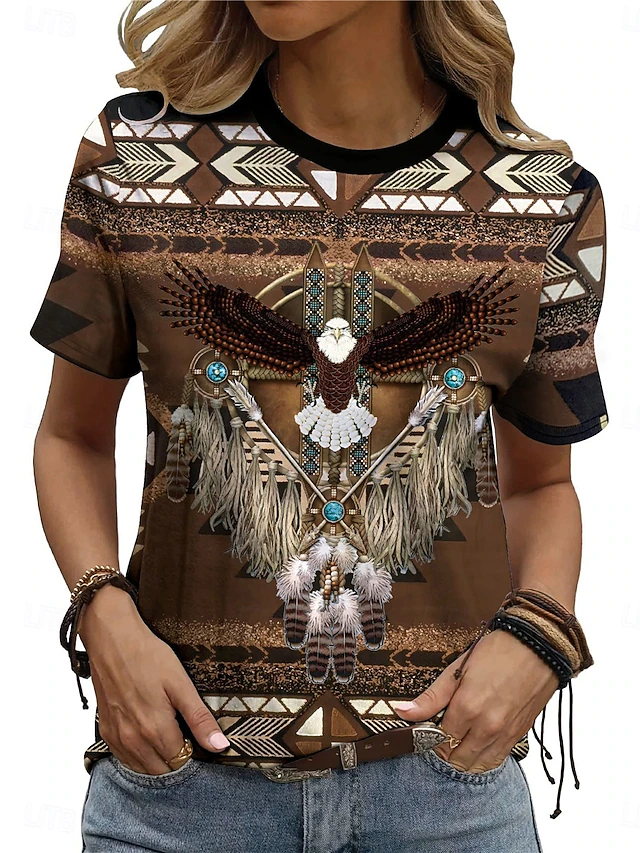 Women's T Shirt Vintage Ethnic Casual Print Short Sleeve Regular Tops Vacation Brown Summer4