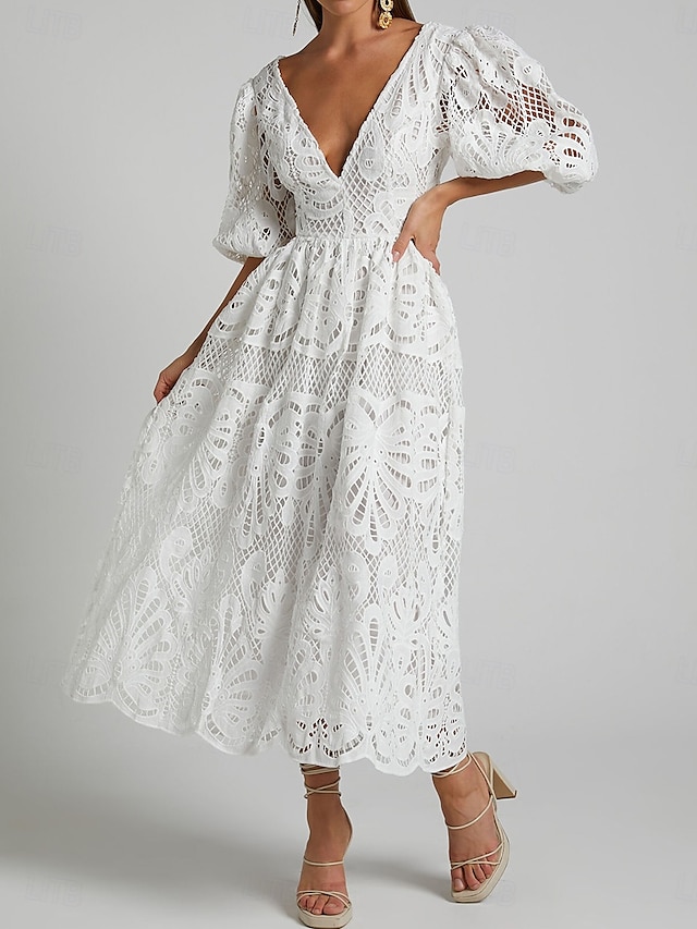  Femmes Mini Robe Robe Blanche Robe trapèze Robe bohème Élégant Manches bouffantes robe demoiselle d honneur Date Coupe régulière Couleur Unie Uni Demi Manches Col en V Noir Blanche Jaune Bleu Été