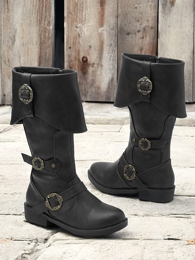  Women's Vintage Mid-Calf Witch Boots with Decorative Buckles and Folded Cuff - Vintage Pirate Style Cosplay Costume Shoes