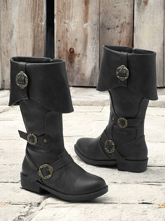 Women's Vintage Mid-Calf Witch Boots with Decorative Buckles and Folded Cuff - Vintage Pirate Style Cosplay Costume Shoes 11