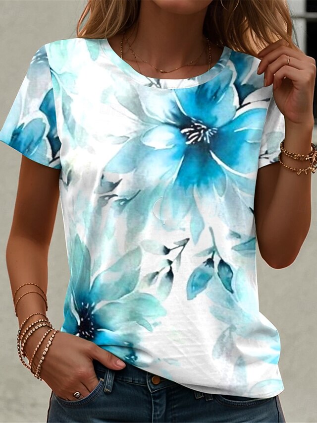 Women's T Shirt Casual Print Short Sleeve Regular Tops Daily Blue Summer4