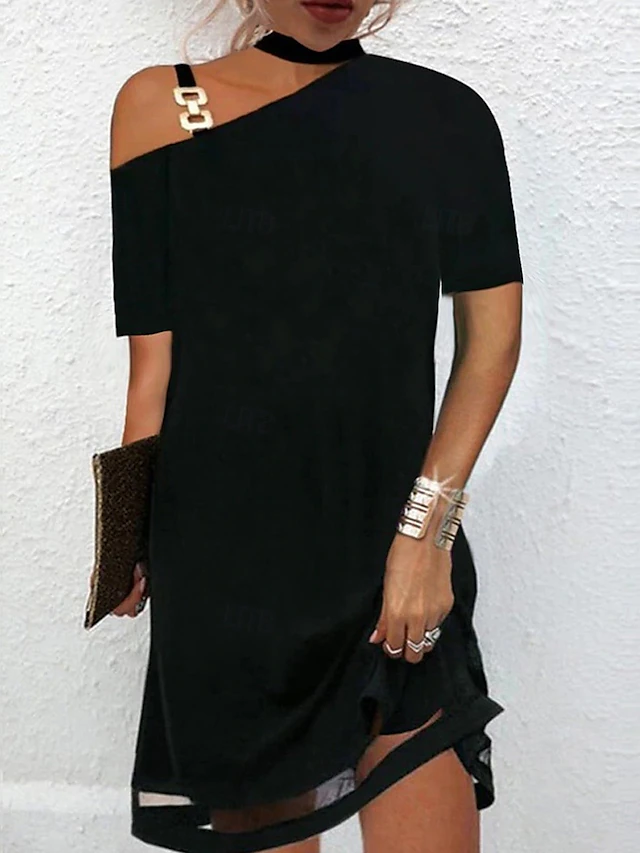 Women's Midi Dress Black Dress Cocktail Dress Formal Dress Plain Dress Vintage Casual Street Date Loose Fit Plain Short Sleeve One Shoulder Black Summer Spring4