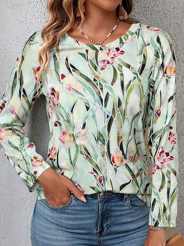 Women's T shirt Crew Neck Long Sleeve Tunic Casual Print Regular Tops Daily Light Green Spring Fall4