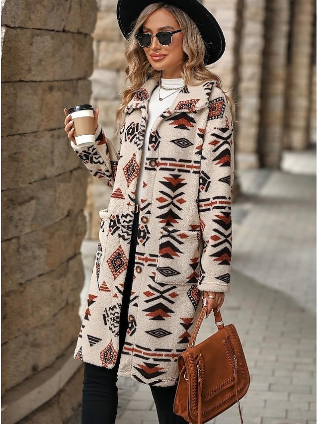  Women's Sherpa Jacket Street Daily Wear Fall Winter Regular Coat Regular Fit Warm Breathable Comtemporary Stylish Plush Jacket Long Sleeve Geometric with Pockets Apricot