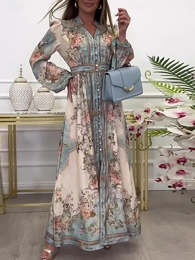 Women's Maxi Dress Vintage Dress Casual Dress Boho Dress Elegant Stylish Casual Daily Loose Fit Graphic Long Sleeve V Neck Light Blue Spring Fall 5