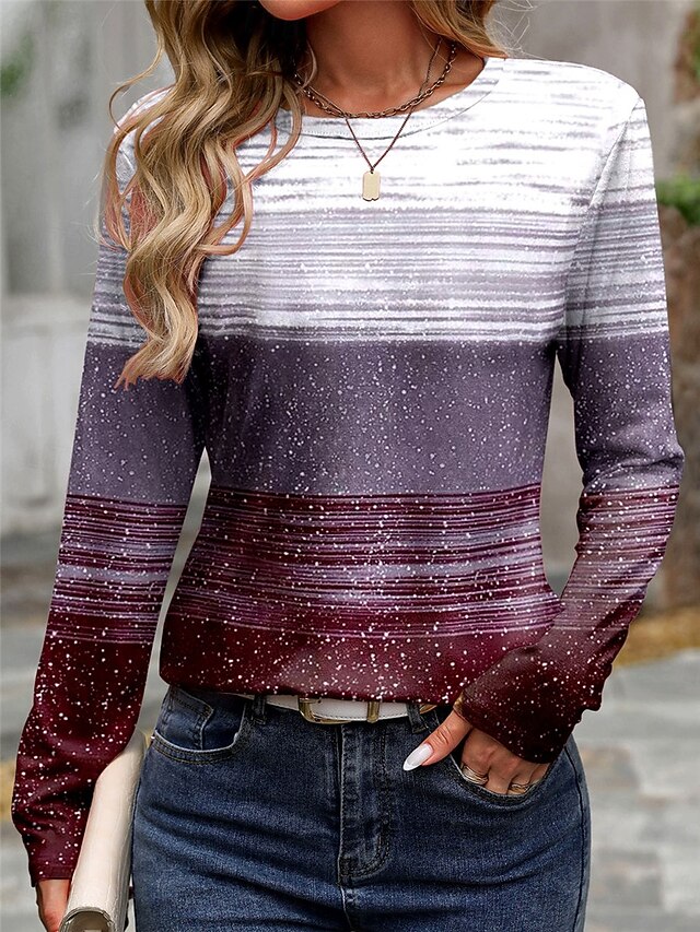 Women's T shirt Crew Neck Long Sleeve Tunic Casual Print Regular Tops Daily Purple Spring Fall4