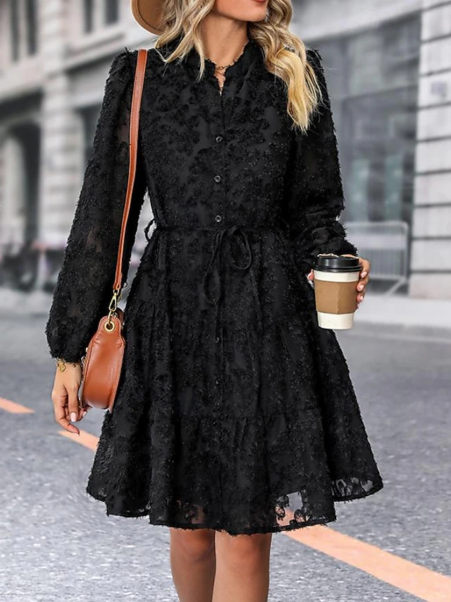 Women's Midi Dress Black Dress Cocktail Dress Formal Dress Plain Dress Vintage Casual Street Date Regular Fit Plain Long Sleeve Shirt Collar Black White Green Summer Spring Fall 14