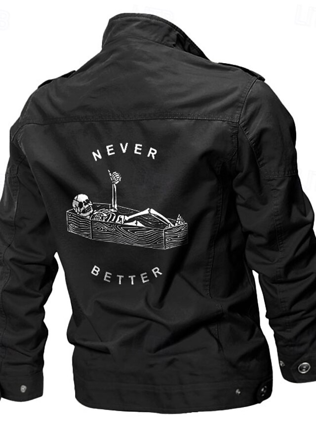 Skulls Graphic Embroidered Men's Cargo Jacket Coat Side Pockets Zip