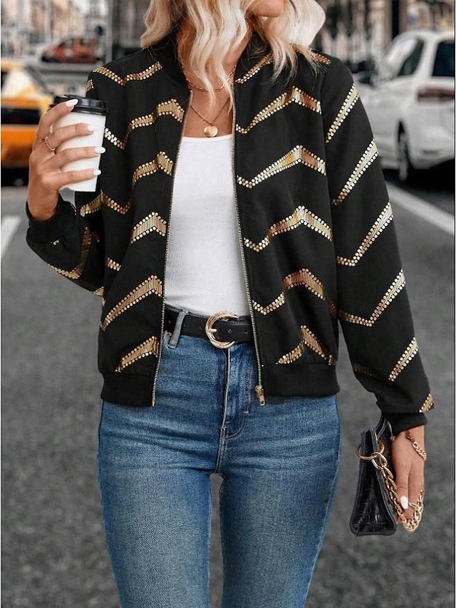  Women's Jacket Dailywear Zipper Geometric Windproof Vintage Regular Fit Outerwear Long Sleeve Spring Black S