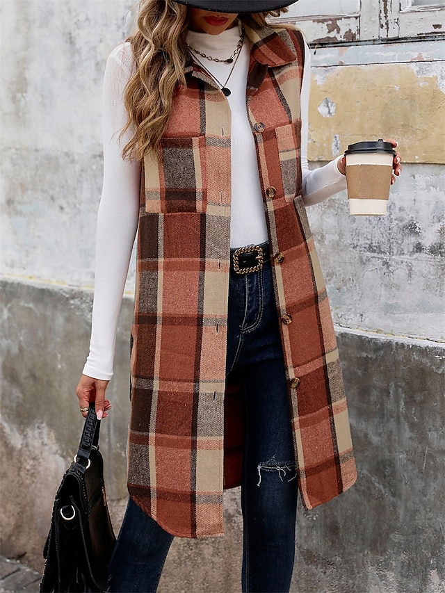 Women's Vest Outdoor Street Daily Wear Fall Winter Long Coat Regular Fit Thermal Warm Breathable Stylish Casual Jacket Sleeveless Stripes and Plaid with Pockets Coffee 11