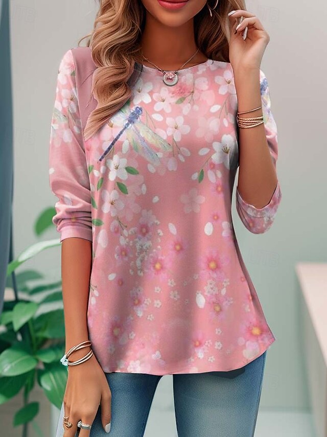 Women's T shirt Crew Neck Long Sleeve Tunic Casual Print Regular Tops Daily Pink Spring Fall4