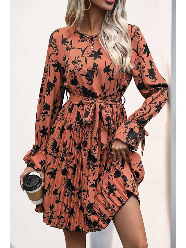 Women's Floral Graphic Crew Neck Mini Dress Long Sleeve Spring Fall4