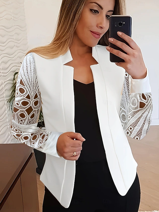 Women's Jacket Party Lace Solid Color Windproof Fashion Regular Fit Outerwear Long Sleeve Summer White S4