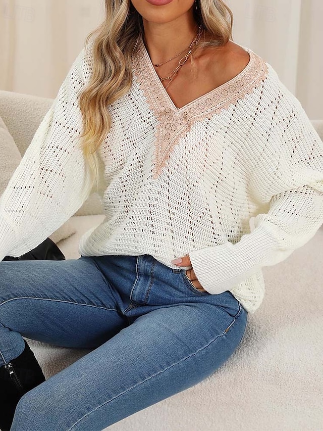 Women's Sweater Elegant Daily Solid Color V Neck Lace Patchwork Long Sleeve Regular Tops Knit Home Work Black White Fall Winter 10