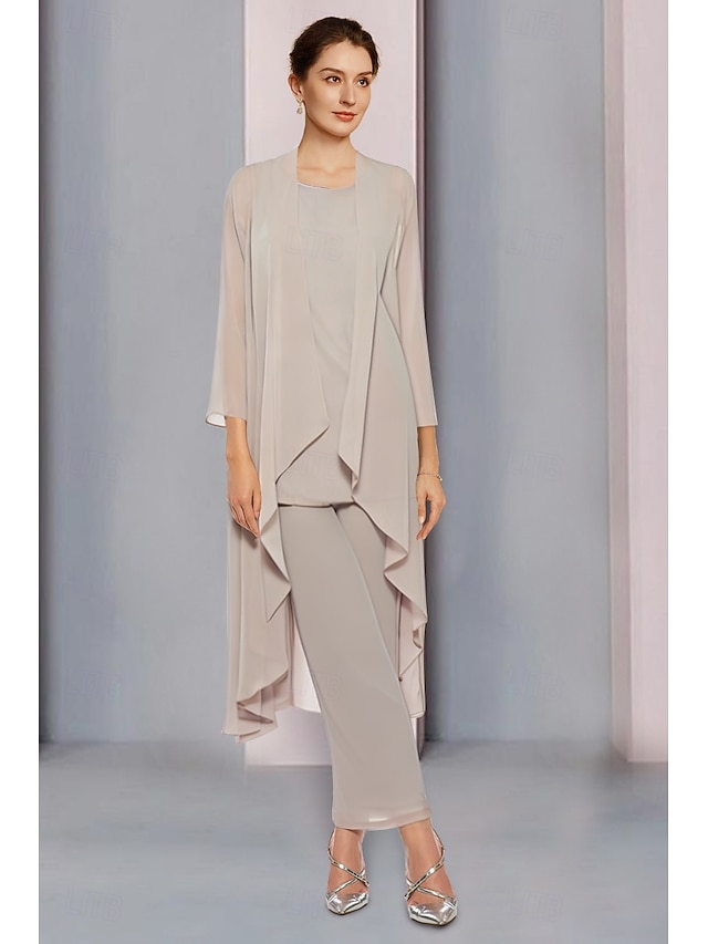 A-Line Mother of the Bride Dress Wedding Guest Elegant Scoop Neck Ankle Length Stretch Fabric 3/4 Length Sleeve with Bow(s) Ruching Solid Color