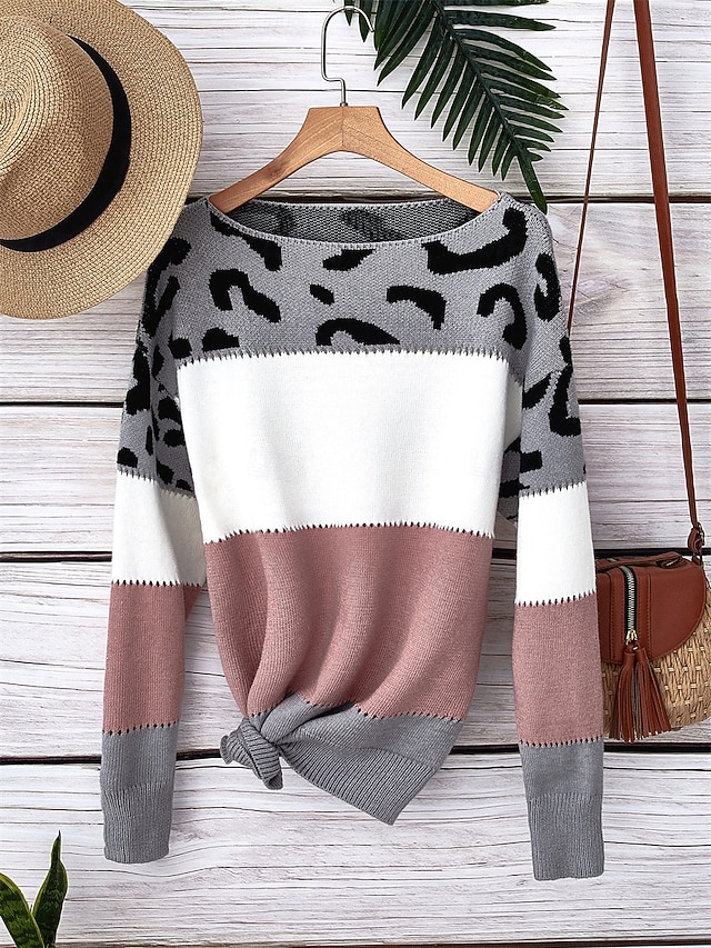 Women's Sweater Pullover Sweater Jumper Casual Sweater Casual Soft Leopard Striped Ribbed V Neck Knitted Long Sleeve Regular Tops Knit Outdoor Daily Weekend Pink Fall Winter 7