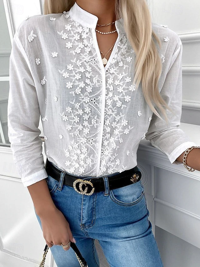 Women's White Elegant Lace Tops Eyelet Blouse Stylish Modern Solid Color Long Sleeve High Neck Embroidered Hollow Out Regular Fit Work Daily Romantic Petite Tops Summer Holiday Wear White Spring Fall 5