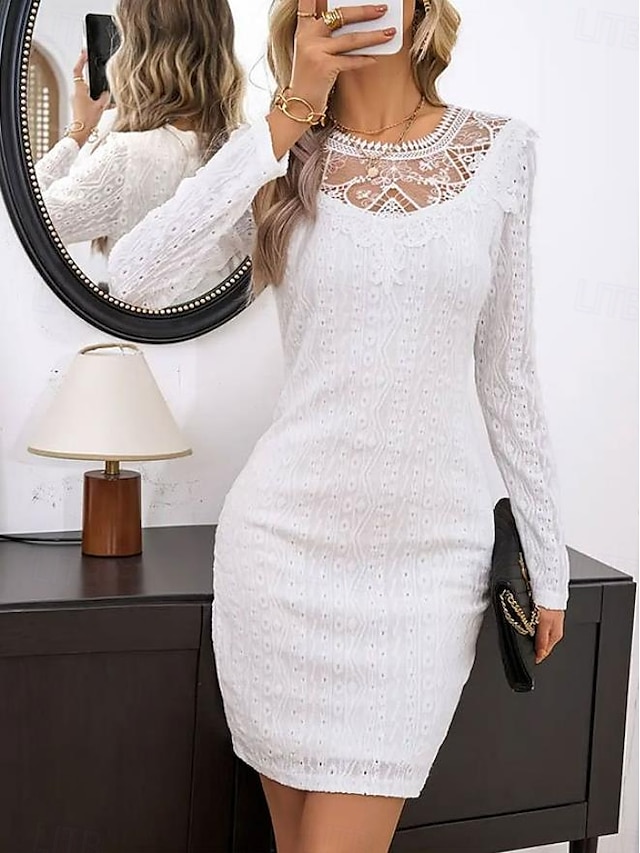  Per donna Abito semplice Mini abito Pizzo Collage Informale Girocollo Manica lunga Bianco Colore