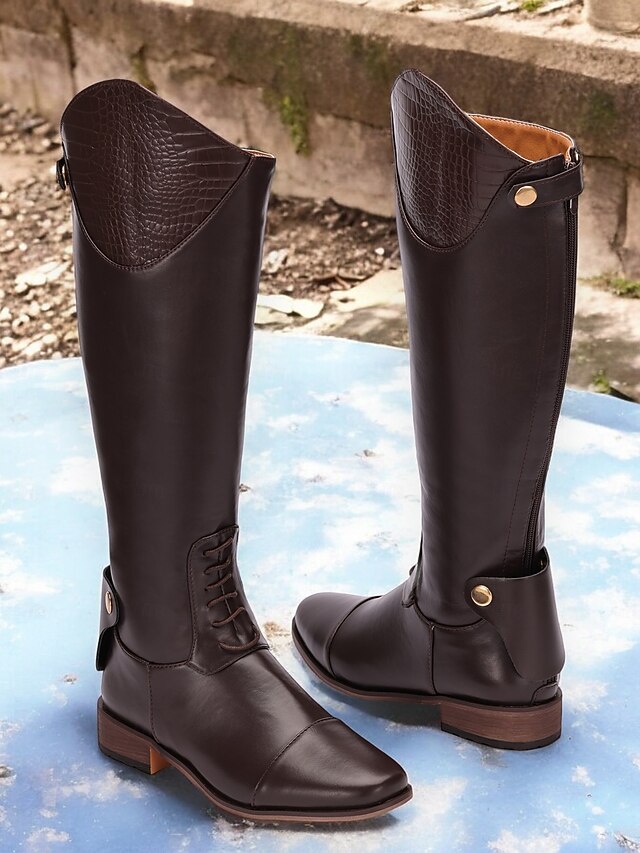 Women's Brown Leather Knee-High Riding Boots with Crocodile Pattern Accents, Stylish and Durable for Equestrian and Outdoor Wear 10