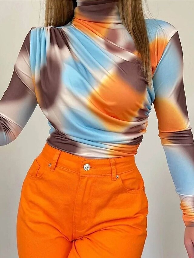 Women's T Shirt Casual Ombre Tunic Elastic Waist Long Sleeve Regular Tops Turtleneck Daily Red Orange Summer Spring Fall4