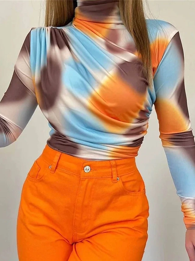 Women's T Shirt Casual Ombre Tunic Elastic Waist Long Sleeve Regular Tops Turtleneck Daily Red Orange Summer Spring Fall4