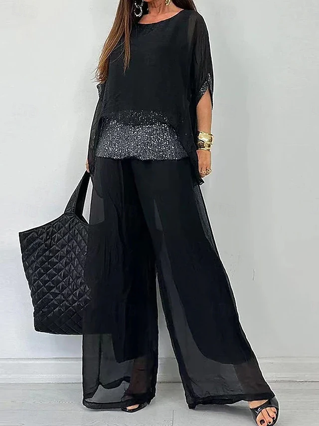 Women's Elegant Fashion Blouse Pants Trousers 3/4 Length Sleeve Round Neck Solid Color Sequins Mesh Work Daily Black Purple Brown Summer Loose Fit 7