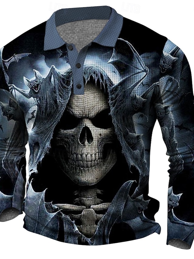  Halloween Crânes Horreur Homme POLO polo de golf manche longue Soirée Printemps Automne hiver Bouton Impression 3D Col Noir Bleu Non Elastique Polyester