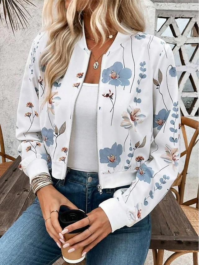 Women's Jacket Party Zipper Floral Windproof Fashion Regular Fit Outerwear Long Sleeve Fall White S 6