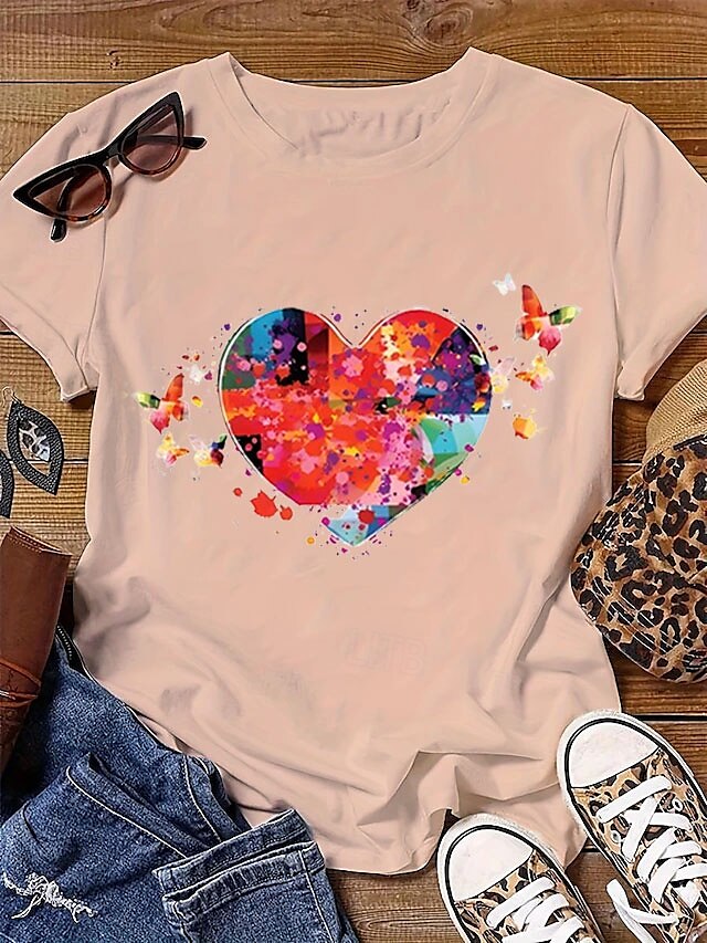  Per donna maglietta Con cuori Informale Manica corta Girocollo Top regolari Giornaliero Stampa Bianco Rosa Blu Estate