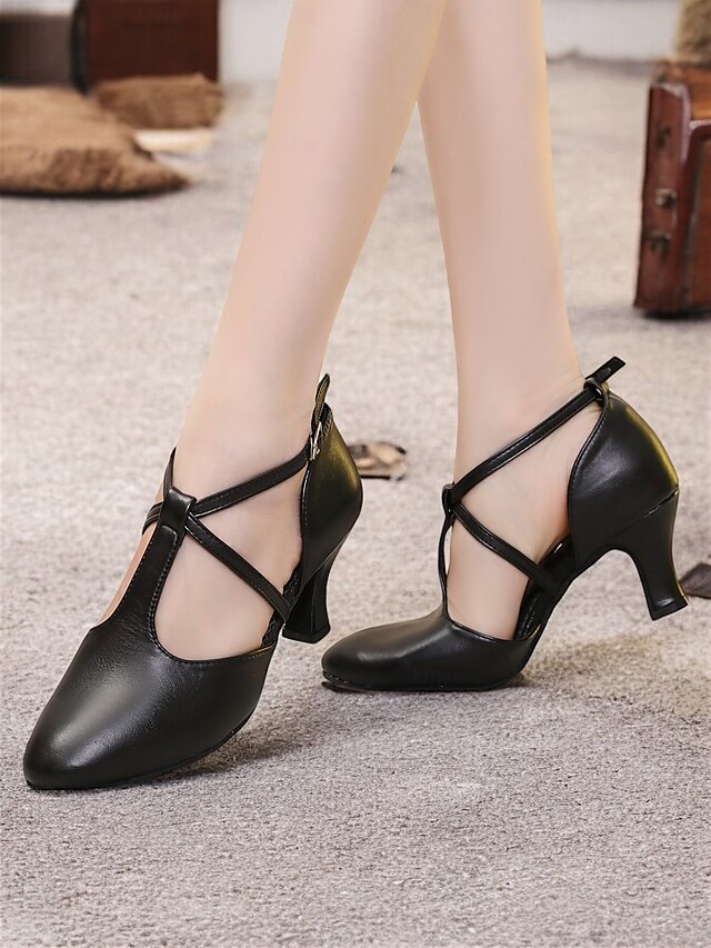 Black Faux Leather Dance Shoes with Cross Strap Design – Women's Comfortable Ballroom and Latin Dance Heels 9
