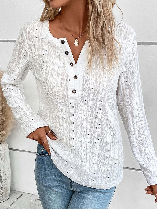 Women's Tunic Elegant Casual Lace Long Sleeve Regular Tops Daily Black White Beige Spring Fall 7