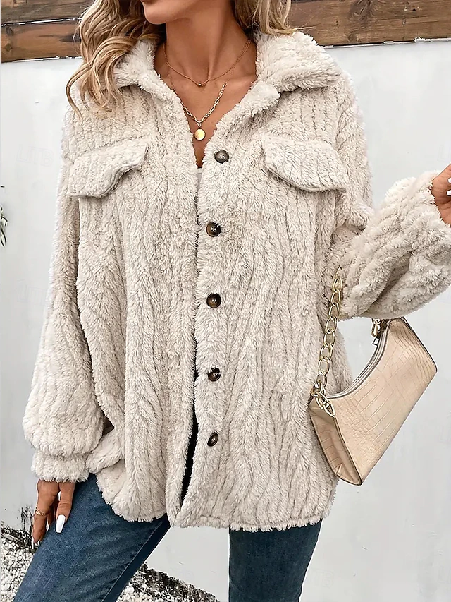Women's Fleece Jacket Teddy Coat Warm Breathable Buttons Pocket Casual Plain Vacation Street Daily Wear Going out Cardigan Turndown Regular Fit Long Sleeve Outerwear Apricot Fall Winter 5