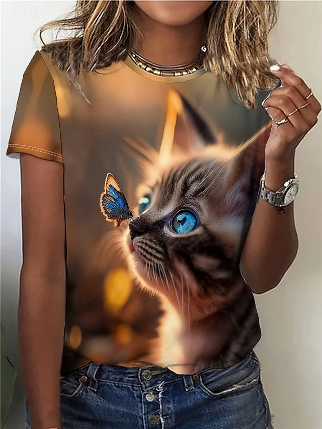 Women's T Shirt Casual Print Short Sleeve Regular Tops Daily Brown Summer4