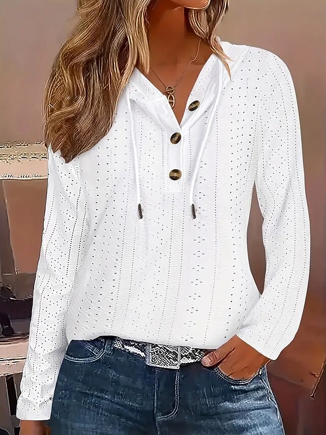 Women's Pullover Elegant Casual Casual Hooded Buttons Long Sleeve White Spring Fall4