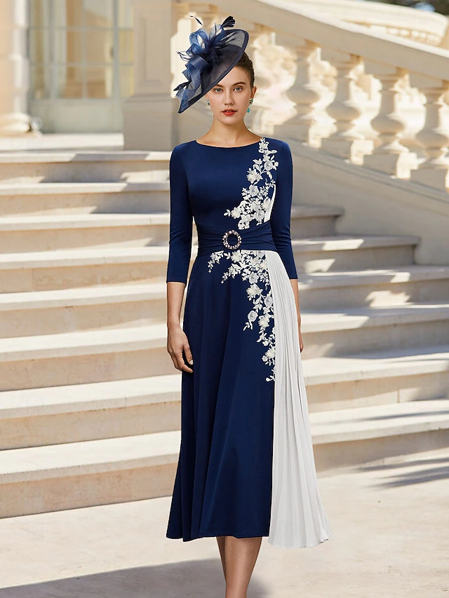 A-Line Mother of the Bride Dress Elegant Simple Jewel Neck Tea Length Stretch Chiffon Stretch Fabric 3/4 Length Sleeve with Beading Appliques Flower4