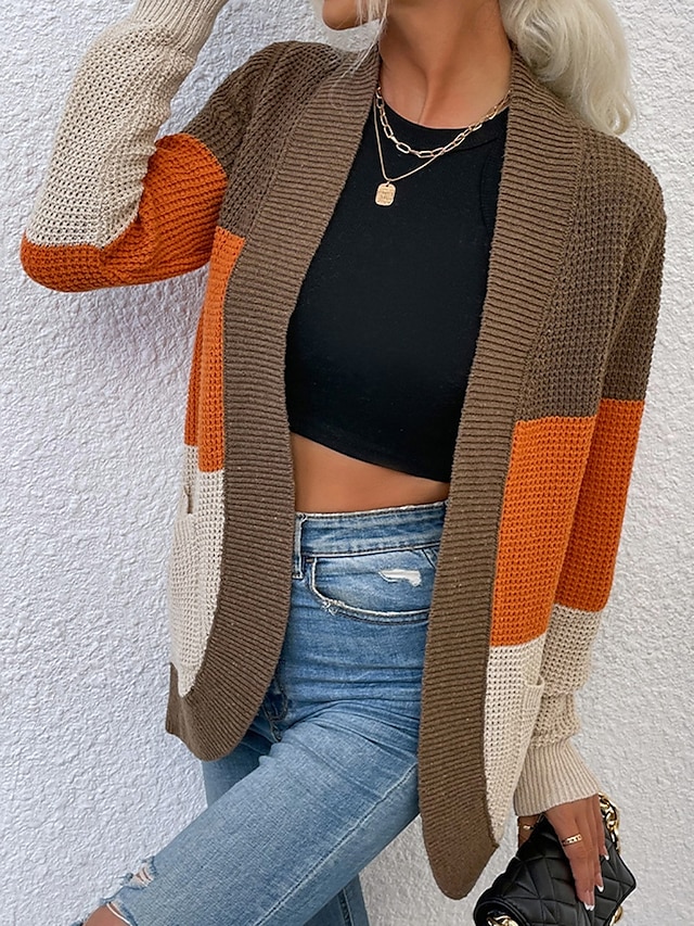 Women's Cardigan Casual Sweater Casual Soft Color Block V Neck Knitted Long Sleeve Regular Tops Knit Outdoor Daily Weekend Blue Brown Fall Winter 7