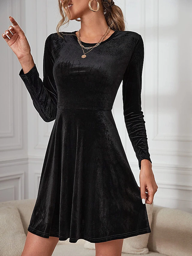 Women's Black Dress Velvet A Line Dress Fashion Long Dress Crew Neck Long Sleeve Plain Regular Fit Black Red Green Spring Fall S M L XL 2XL 9