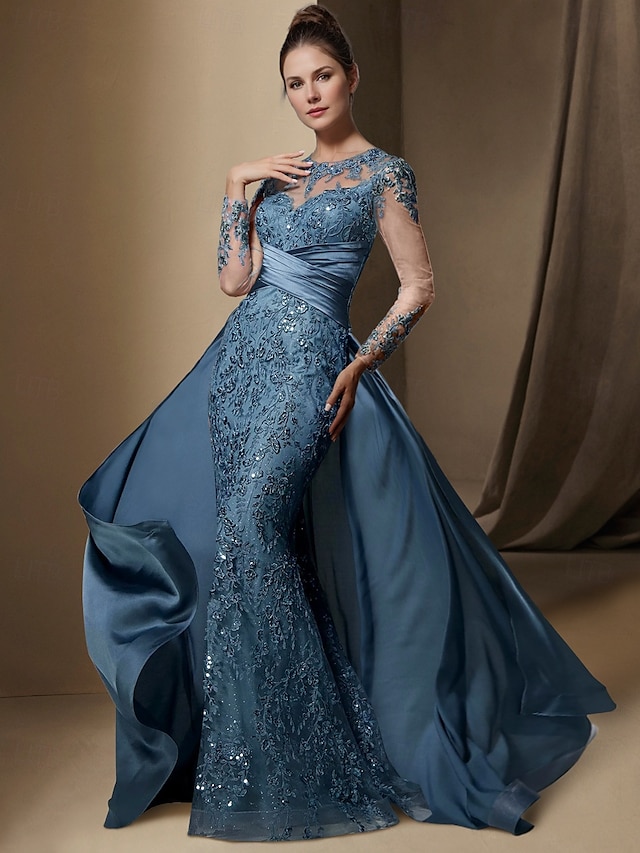  Abito da festa sirena Madre della Sposa Abito Ospite di matrimonio Elegante Collo gioiello Treno a strascico  spazzola Stretch raso Manica lunga con pizzo paillettes arricciato per impressionare 2025