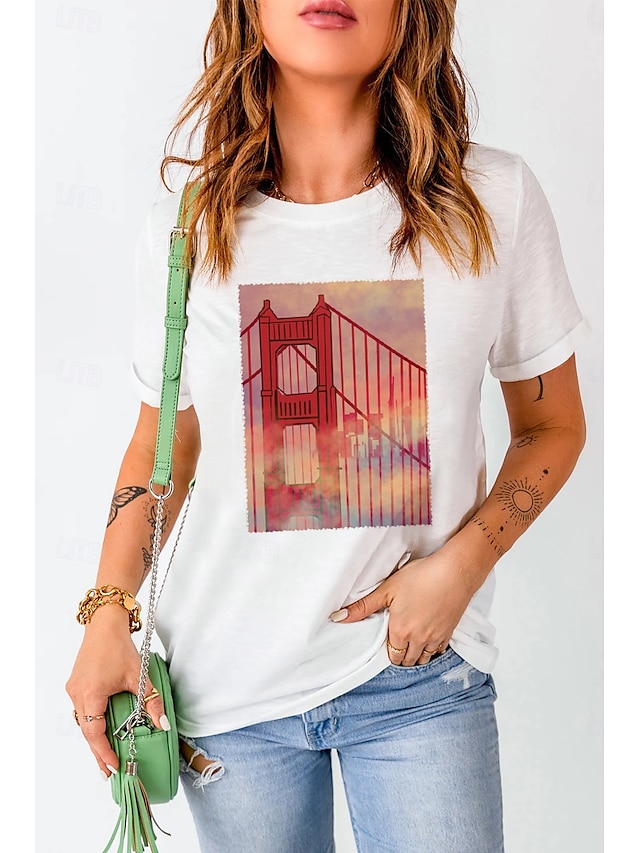 Women's 100% Cotton T Shirt Tee Daily Modern Casual Short Sleeve White Summer