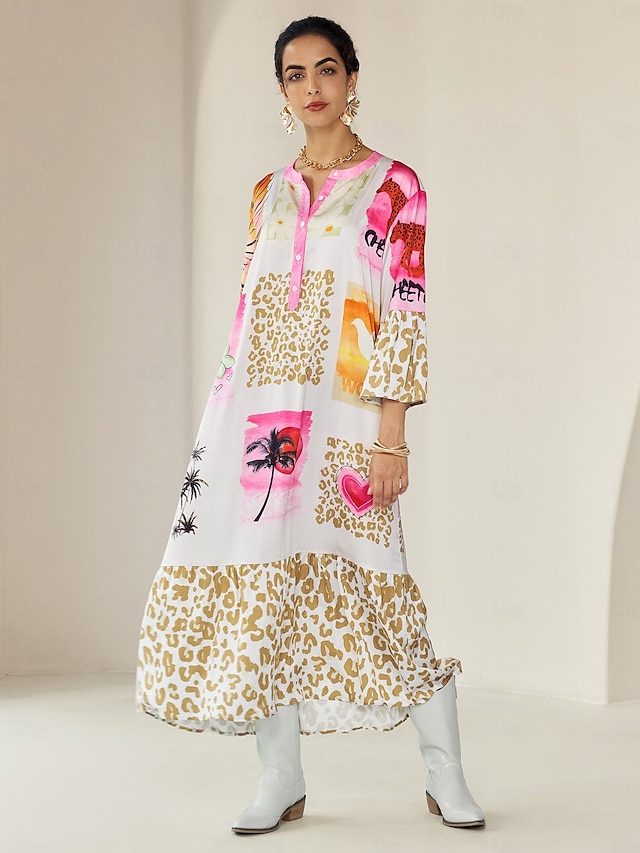  Robe longue décontractée à col ras du cou et à boutons en satin imprimé léopard