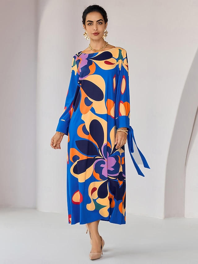 Elegant Spring Flowers Printed Crew-Neck Button Short Sleeve Loose Midi Dress