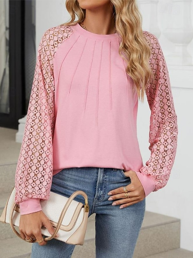  Women's White Elegant Lace Tops Eyelet Blouse Fashion Casual Lace Mesh Long Sleeve Regular Tops Crew Neck Daily Romantic Petite Tops Summer Holiday Wear Black White Pink Blue Summer Spring Fall