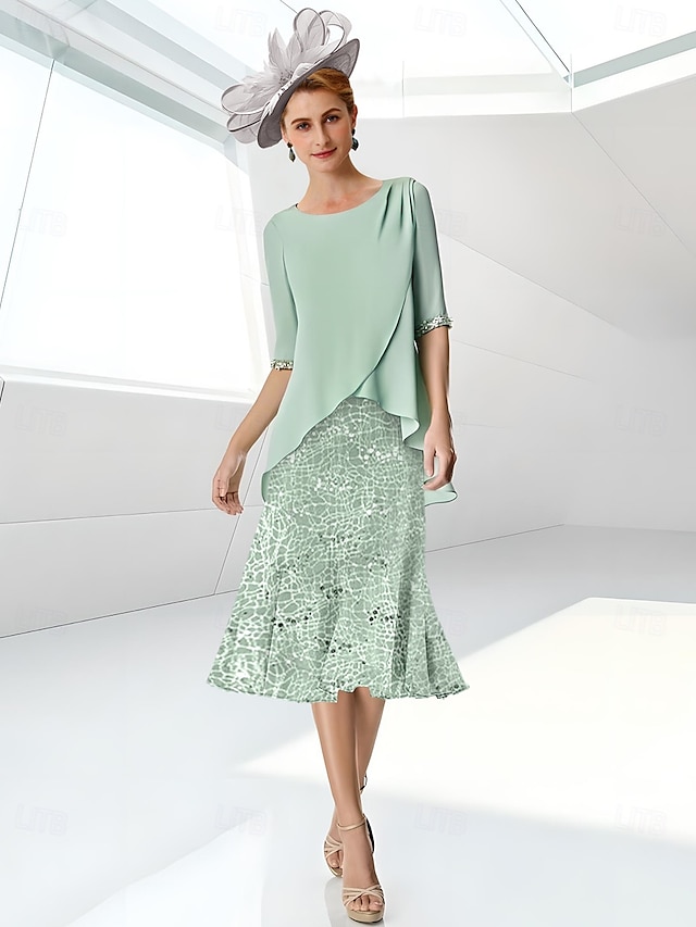  Strandhochzeit A-Linie Mutter der Braut Kleid Elegant Schmuckkragen Knielang Spitze Stretch Chiffon Halber Ärmel mit Spitzenrüsche maßgeschneiderte Größe