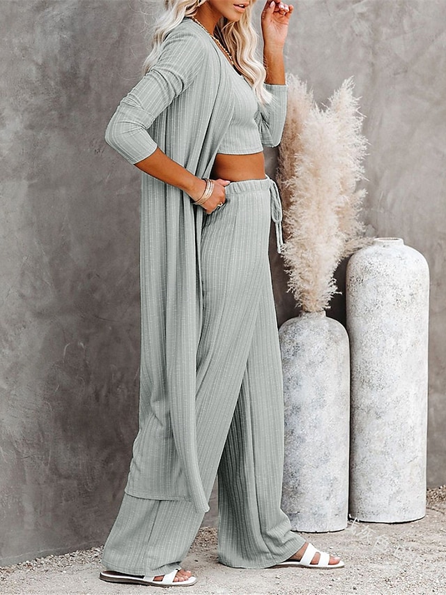  dames loungewear sets 3 stuks pure kleur mode comfort straat dagelijks breiwerk ademend ronde hals lange mouw trui broek elastische taille herfst winter thuis outfits