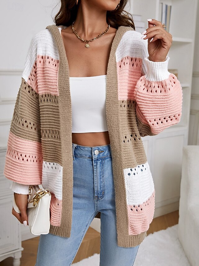  Per donna Giacca maglione Maglione casual Informale Morbido Color Block Girocollo Con cappuccio Manica a lanterna Manica lunga Top regolari Maglia Esterno Giornaliero Fine settimana Rosa Autunno