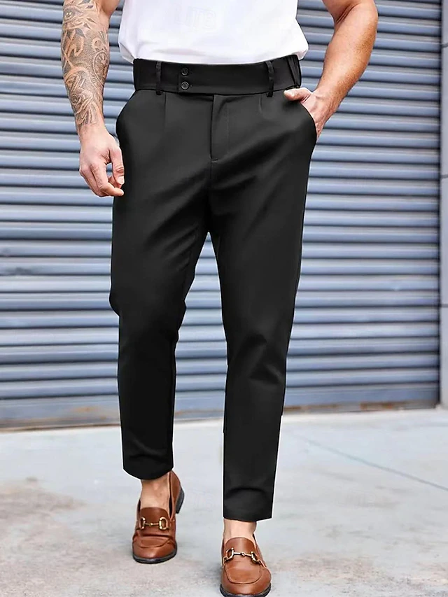 Men's Dress Pants Tapered pants Trousers Suit Pants Pleated Pocket Plain Comfort Soft Full Length Formal Wedding Business Fashion Streetwear Black Blue 6