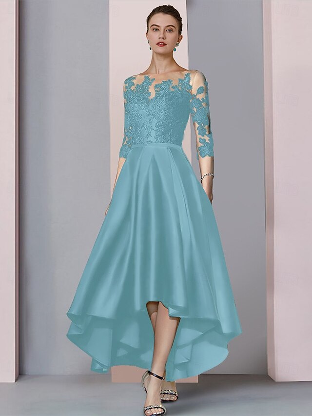 A-Line Mother of the Bride Dress Wedding Guest Elegant High Low Scoop Neck Asymmetrical Tea Length Satin Lace 3/4 Length Sleeve with Pleats Appliques main image 0