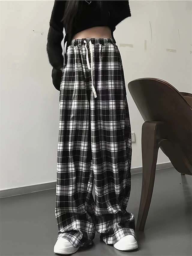  Femme Ample Chino Décontractées Toute la longueur Taille haute Plaid Poche Ceinture élastique Imprimé Confortable Doux Micro-élastique Extérieur Plein Air Noir Automne Hiver Standard